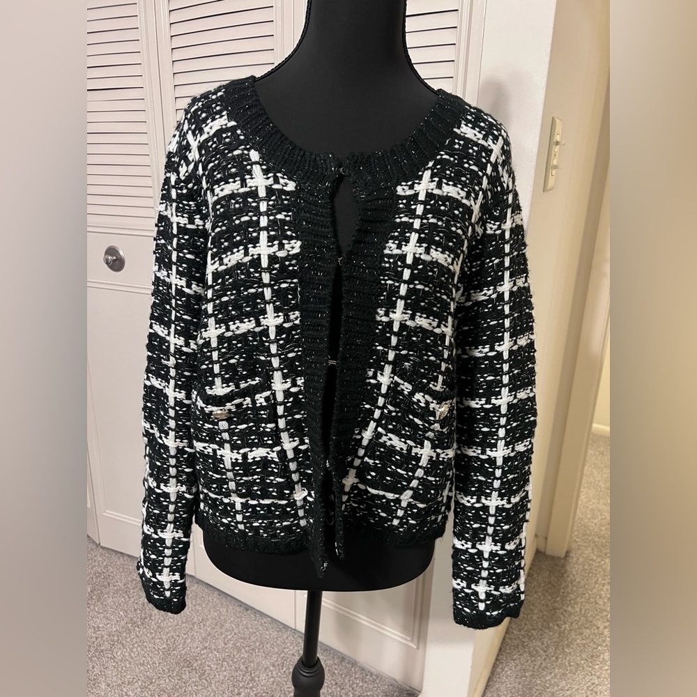 Cliché Cropped Tweed Cardigan • Black & White Classy Knit Jacket🖤🤍